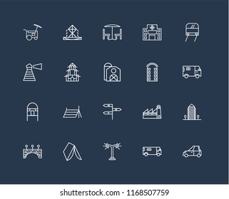 Set Of 20 black linear icons such as Car, Ambulance, Street lamp, Wigwam, Bridge, Subway, Building, , Hut, Chinese House, Chair and table, editable stroke vector icon pack
