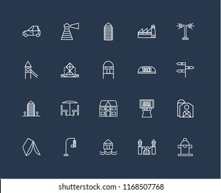 Set Of 20 black linear icons such as Hydrant, Mansion, Beach Hut, Traffic light, Wigwam, Street lamp, Taxi, Detached, Aparment, Fountain, Skyscraper, editable stroke vector icon pack