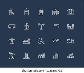 Set Of 20 black linear icons such as Igloo, Aparment, Factory, Barn, Buildings, Caravan, Wigwam, Bungalow, Hut, editable stroke vector icon pack