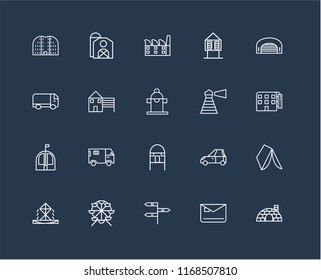 Set Of 20 black linear icons such as Igloo, Mailbox, , Ferris wheel, Fountain, Hangar, Lighthouse, Hut, Bungalow, House, Factory, editable stroke vector icon pack
