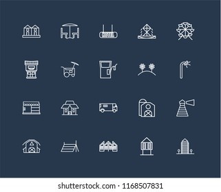 Set Of 20 black linear icons such as Aparment, Hut, Future House, Tent, Barn, Ferris wheel, Flowers, Ambulance, Store, Food cart, Hotel, editable stroke vector icon pack