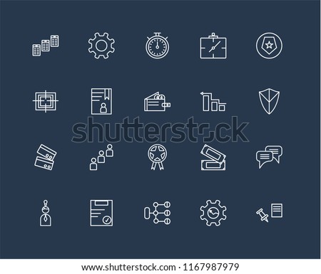 Set Of 20 black linear icons such as Push pin, Gear, Diagram, Clipboard, Idea, Shield, Prize, Cit card, Accounts, Chronometer, editable stroke vector icon pack