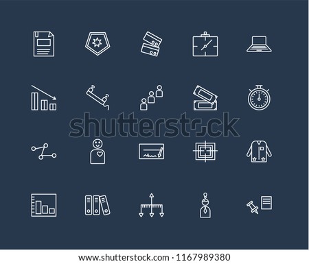 Set Of 20 black linear icons such as Push pin, Idea, Hierarchical structure, Archive, Bar chart, Laptop, Money, Cheque, Line Phone call, Cit card, editable stroke vector icon pack