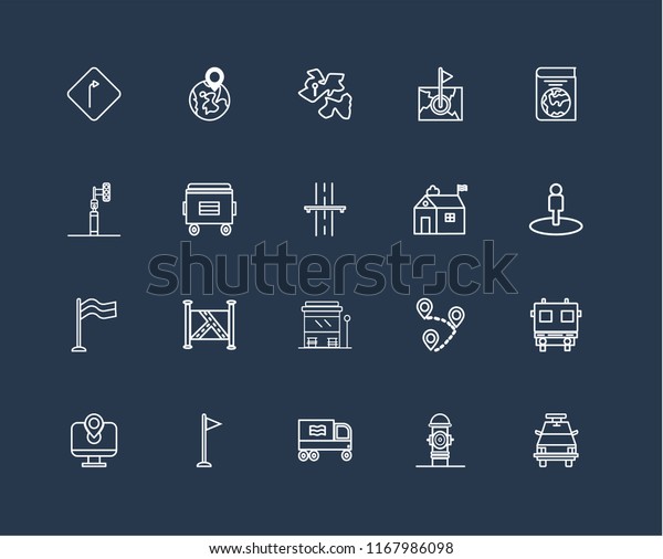 Set Of 20 black linear\
icons such as Police car, Hydrant, Recycling truck, Flag, Map,\
Book, Hall, Bus stop, Recycle bin, Africa, editable stroke vector\
icon pack