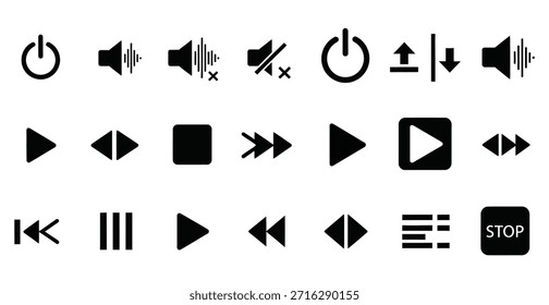 Un conjunto de 20 iconos de control de medios negros sobre un fondo blanco, incluidos los símbolos de reproducción, pausa, parada y volumen