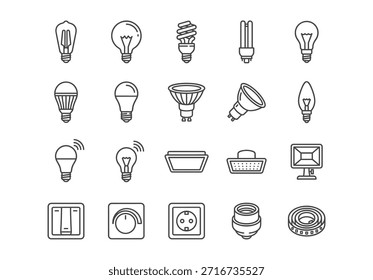 A set of 20 black outline vector icons for electricity and lighting. Includes bulbs, switches, sockets, spotlights, and smart home devices. Simple line art style on a white background.