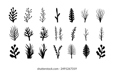 A set of 20 black silhouettes of trees, branches, and shrubs are arranged in rows on a white background.