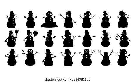 A set of 20 black snowman silhouettes showcasing various poses and accessories, ideal for winter themes and holiday designs.