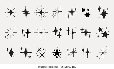 Set of 20 black starburst and sparkle icons on a white background. Starburst designs vary in shape and size. Sparkle icons add a decorative touch. Element vector set.