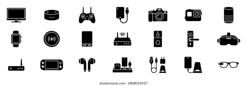 Set of 20 black technology and electronic device icons including monitors, smartwatches, cameras, wireless routers, earphones, game controllers
