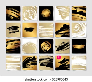 set of 20 black white and gold ink brushes grunge square pattern, hand drawing background collection for your design, brush strokes element vector illustration