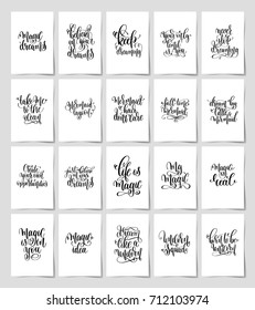 set of 20 black and white hand lettering magic quotes posters, inspirational positive phrase, calligraphy vector illustration collection 