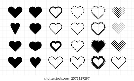 Set of 20 black and white heart icons. Various heart designs: solid, outlined, dotted, and patterned. Perfect for love-themed projects and designs. Black Valentine's Day elements, vector set.