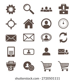 A set of 20 black and white icons depicting various business and communication symbols, including a gear, magnifying glass, people, clock, house, email, and shopping cart, on a pure white background