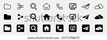 Set of 20 black and white icons including folder, share, search, home, phone, monitor, paper plane, and cloud. Icons in two styles: outline and filled. User interface icon vector set.