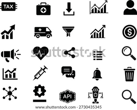 A set of 20 black and white icons representing business, technology, and communication concepts