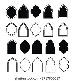 Un conjunto de 20 Formas y arcos geométricos islámicos en blanco y negro, con varios patrones y diseños.