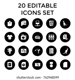 Set of 20 blank filled icons such as kangaroo, document, t-shirt, binder, ticket on sale, paper, diploma, direction, folder with heart, sale, knee hammer reaction check