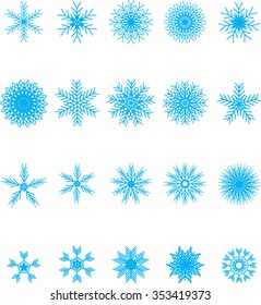 Set 20 blue different snowflakes of handwork for design. New Year's symbols. Snowflakes for design. Winter objects. Festive elements. Vector Art, Stock Vector