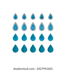 Conjunto de 20 elementos de icono de electrolito azul - calcio, potasio, cloro, magnesio, sodio - para utilizar en el producto, diseño web, publicidad y más.