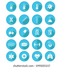 Set of 20 blue medicine icons. Drugs, virus, injection symbols isolated on white background.
