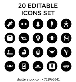 Set of 20 body filled icons such as baby changing room, nose, ear, cream, woman in spa, slim, male wc, tights, floor scales, fintess equipment, man doing exercises, carpet