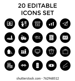 Set of 20 business filled and outline icons such as business centre, money, safe, bridge, love letter, tv van, chart, photo album, arrow up, factory, graph, speaker