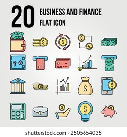 set of 20 business and finance flat icon vector vintage illustration design, suitable for web 