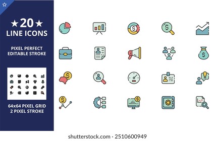 Set of 20 Business People Thin Line Icons. Big Blue and White icons pack. Leadership, Teamwork, Career, Partnership, Goal, Meeting, Solution. Vector illustration.