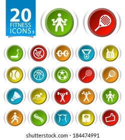 Set of 20 Buttons with Flat Fitness Icons on White Background 3.