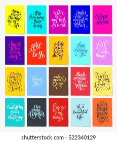 set of 20 calligraphy posters with hand lettering motivational and congratulation phrase in A4 format for print or web, typography collection vector illustration