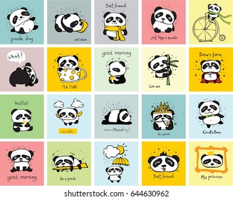 Set of 20 cards with doodle pandas .Simple design of cute pandas with funny hand drawing texts