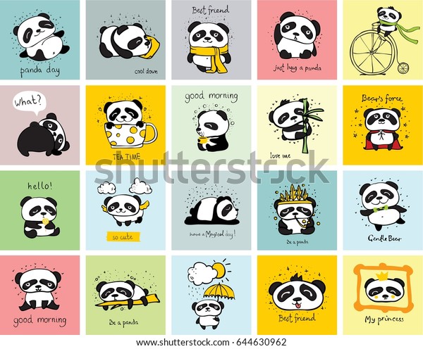 Set 20 Cards Doodle Pandas Simple Stock Vector Royalty Free