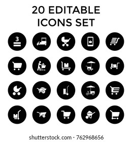 Set of 20 cart filled icons such as wheel barrow, luggage, baby stroller, construction, cart cargo, online shopping, wheelbarrow