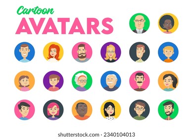 Conjunto de 20 avatares de dibujos animados. 
Este conjunto incluye personajes con diferentes emociones, diferentes géneros, edades y razas.