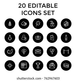 Set of 20 celebration outline icons such as butterfly, clover, red carpet barrier, gift, trophy, bottle, christmas tree, piece of cake, pine-tree, love letter, heart balloons