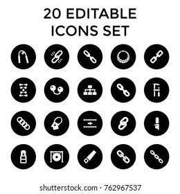 Set of 20 chain filled icons such as saw, chainsaw, chain, arrow, dna, structure, gong, link, office supply, home key tag