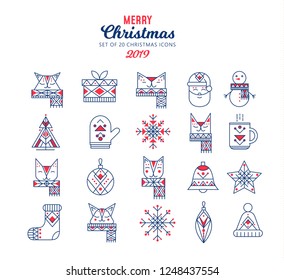 Set of 20 christmas icons. Vector illustration. Design for Christmas and new year celebration.