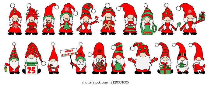 Set of 20 Christmas little gnomes on a white background. Merry Christmas Postcard with gnomes. Winter holiday vector illustration. New year Doodle cartoon style. Cute gnomes in santa hats.