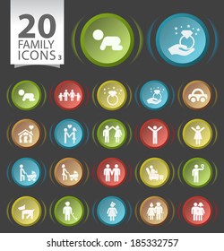 Set of 20 Circular Buttons with Flat Family Icons on Black Background 3.