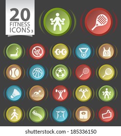 Set of 20 Circular Buttons with Flat Fitness Icons on Black Background 3.