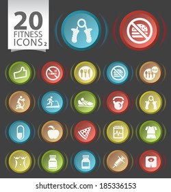 Set of 20 Circular Buttons with Flat Fitness Icons on Black Background 2.