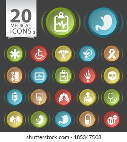 Set of 20 Circular Colored Buttons with Flat Medical Icons on Black Background 2.