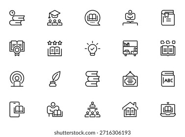 Set of 20 Classroom and Library web icons in line style study space icon, quiet area badge, library tag, group study file, classroom environment board, study room chart. Thin outline icons pack. Vector illustration
