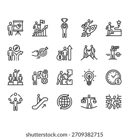 Conjunto de 20 iconos vectoriales de líneas limpias que representan el éxito empresarial, el crecimiento profesional, el liderazgo, los objetivos, la estrategia y el logro. Diseño de contorno moderno aislado sobre un fondo blanco.