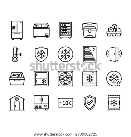 Set of 20 clean line vector icons for refrigeration and cold storage. Includes fridge, freezer, ice, thermometer, and temperature symbols. Isolated outline design.