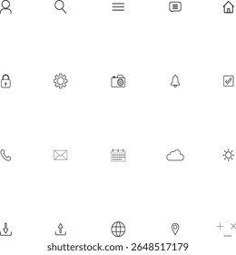 Um conjunto de 20 ícones de contorno limpo e moderno em formato vetorial. Esses símbolos mínimos são ideais para web design, aplicativos móveis, interfaces UX UI e elementos infográficos. Totalmente escalável e editável em EPS.