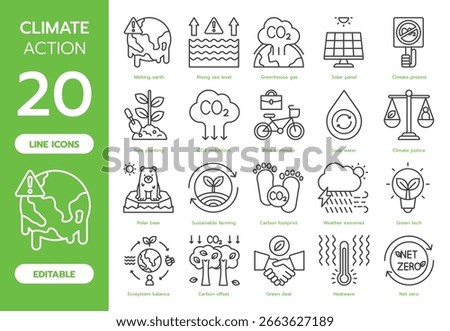 Set of 20 climate action line icons featuring melting earth, renewable energy, CO2 reduction, sustainable farming, and climate justice. Perfect for eco campaigns, education, and green initiatives.