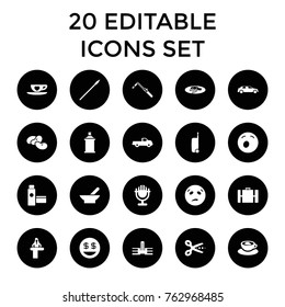 Set of 20 clipart filled icons such as bowl, bean, car, airport desk, blowtorch, spray paint, scissors, school, yawn emot, sweating emot, dollar smiley, fried egg and bacon