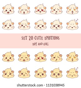 Set of 20 Colored Funny Cavy  Emoticons. Cartoon guinea pig, isolated on transparent background 